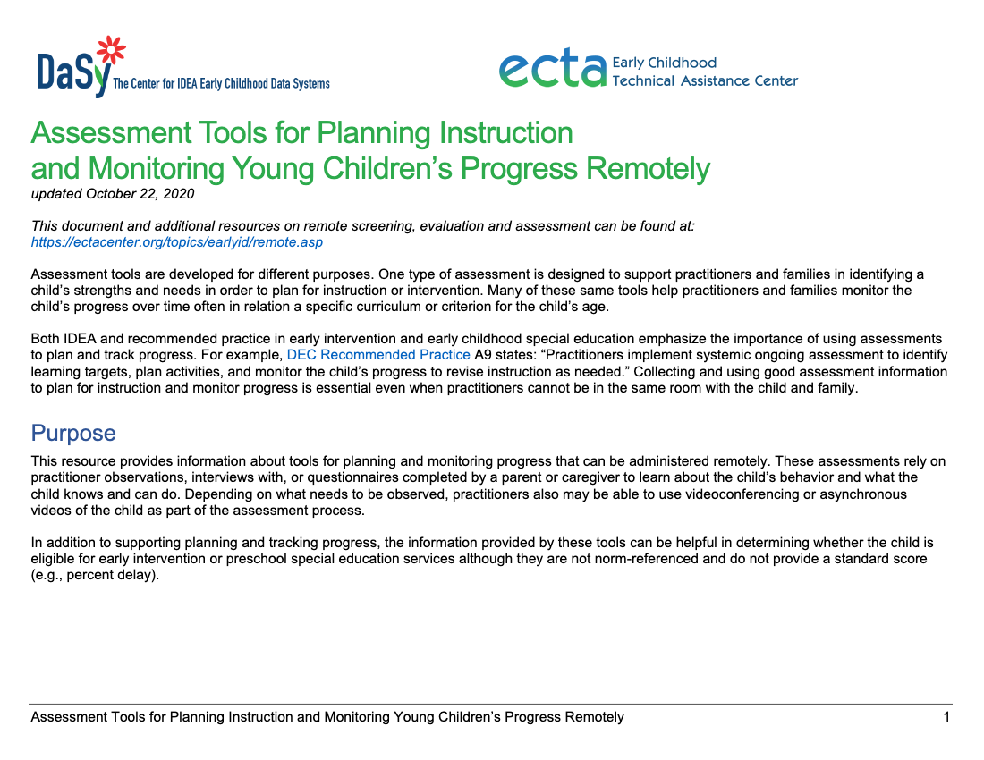 Screenshot of Assessment Tools for Planning Instruction and Monitoring Young Children’s Progress Remotely