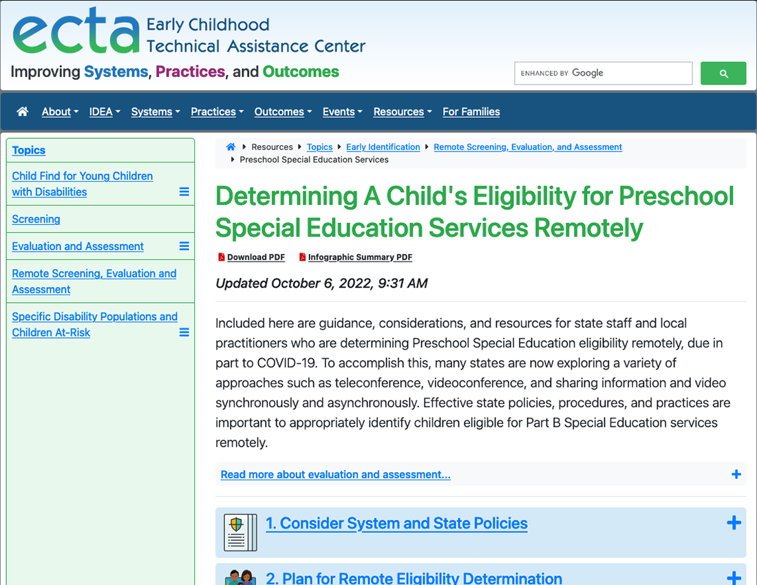 Determining A Child’s Eligibility for Preschool Special Education Services Remotely
