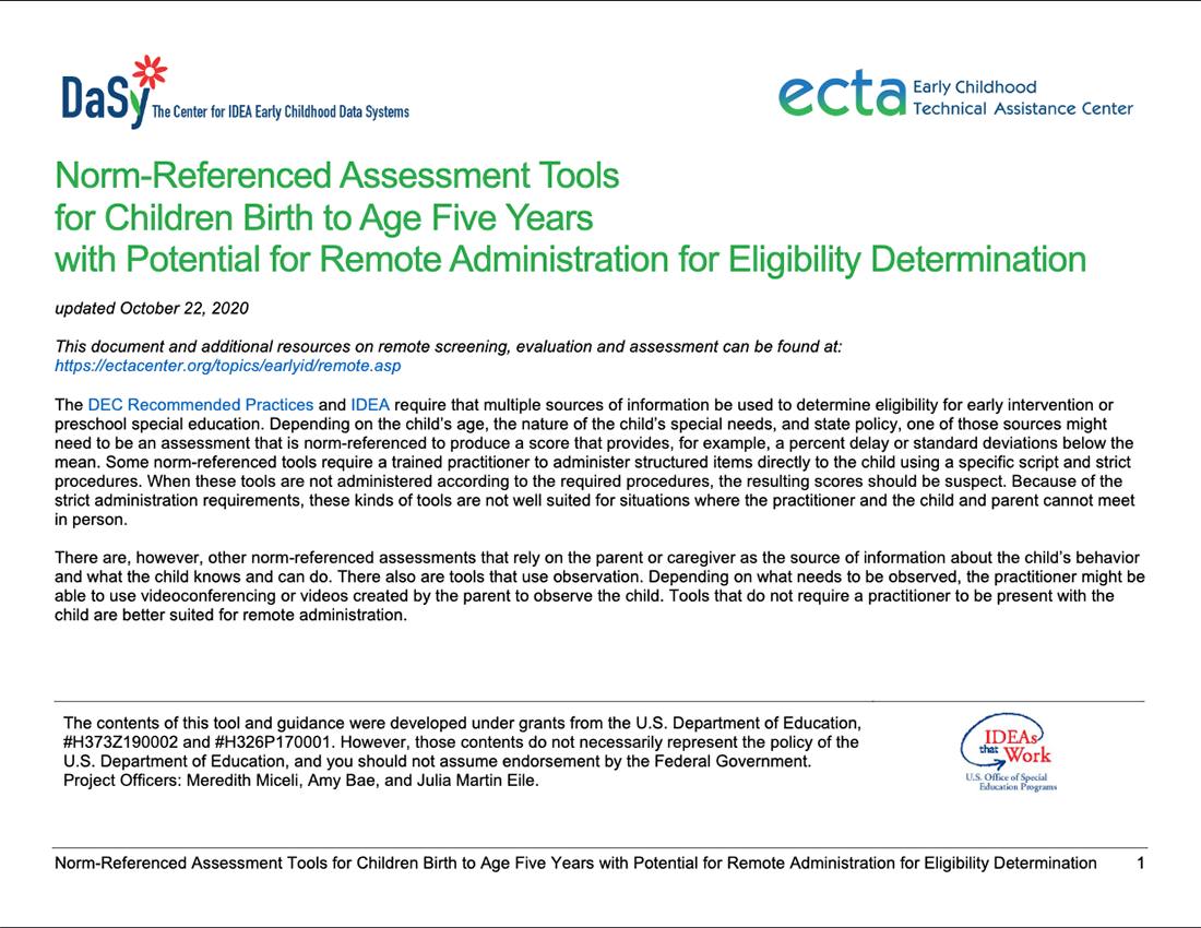 Screenshot of Norm-Referenced Assessment Tools for Children Birth to Age Five Years with Potential for Remote Administration for Eligibility Determination
