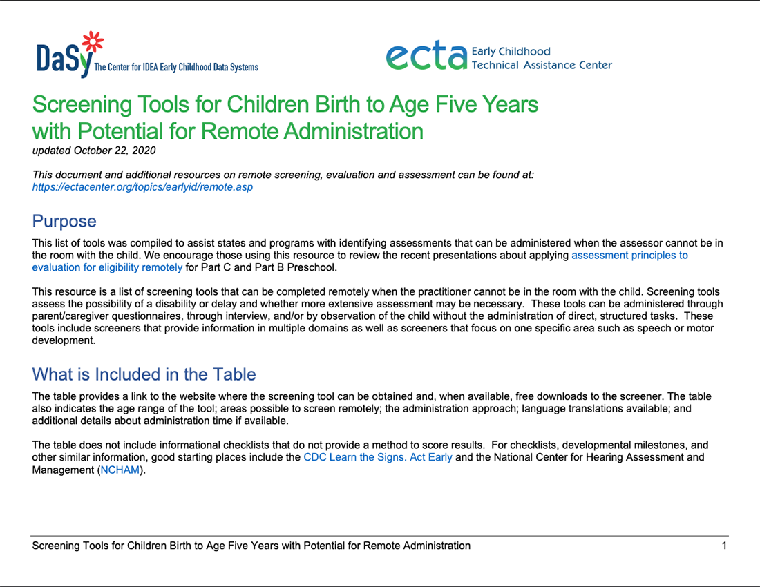 Screenshot of Screening Tools for Children Birth to Age Five Years with Potential for Remote Administration