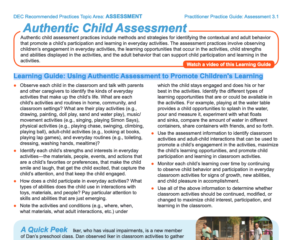 Screenshot of Learning Guide: Using Authentic Assessment to Promote Children's Learning